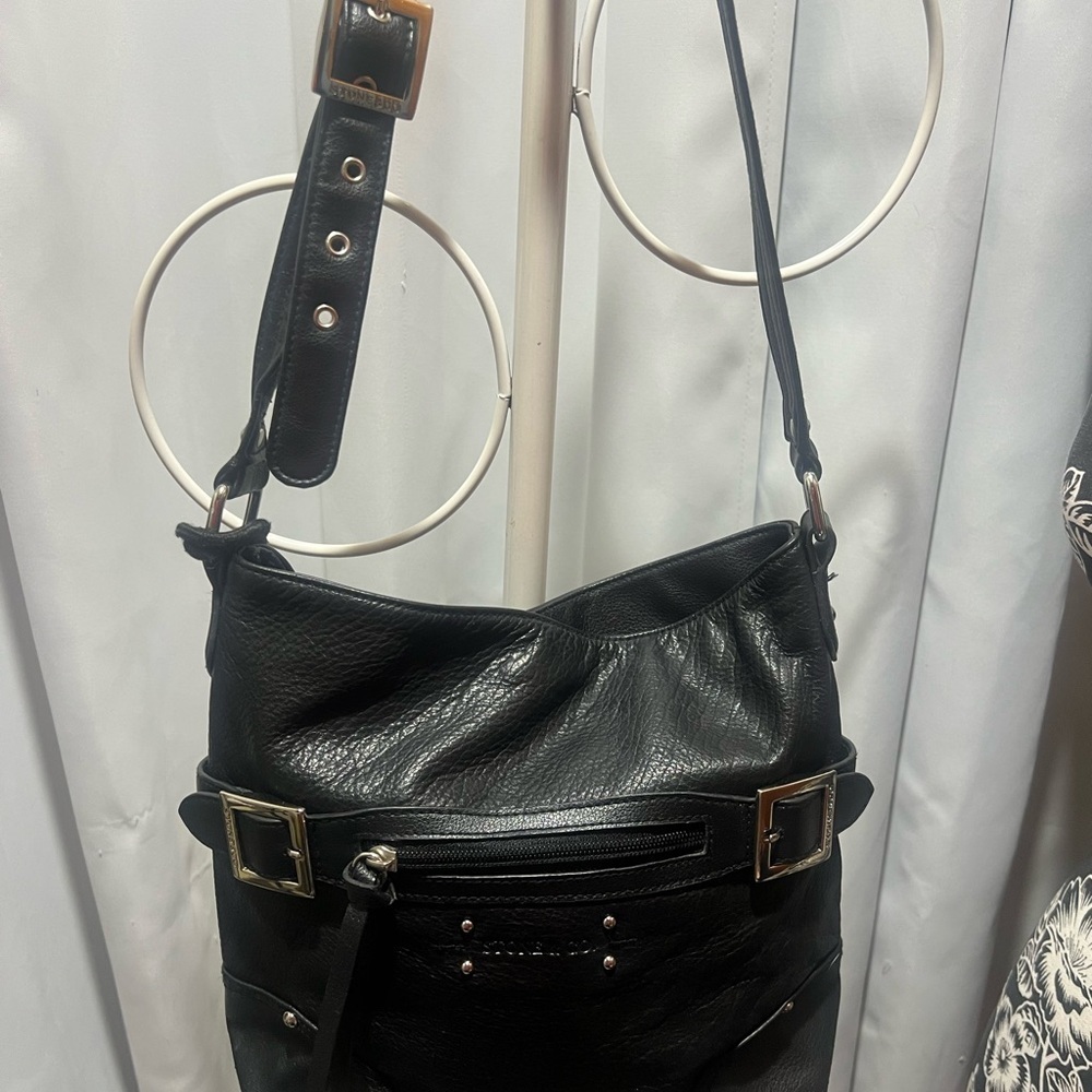 Stone & Co Black Pebbled Leather Crossbody Bag Silver Hardware Teal Lining - Picture 4 of 13